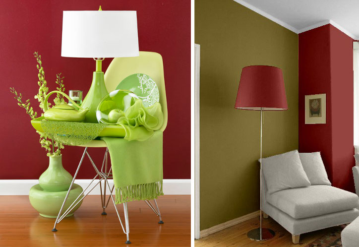 Decoración interior en combinación de colores bordo y verde