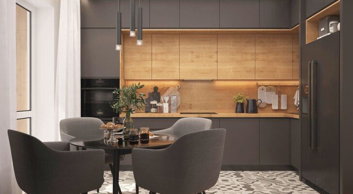 Cocina gris y madera