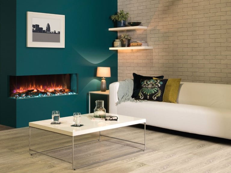 Pared color teal en el living