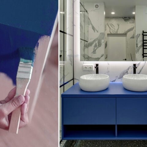 Mueble de baño de madera pintado de azul