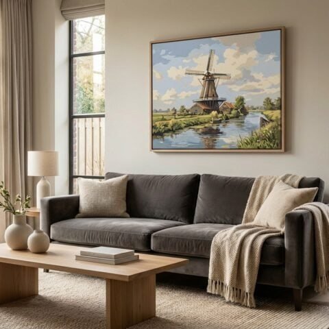 Cuadro pintado con la técnica de pintar por números en la pared de la sala