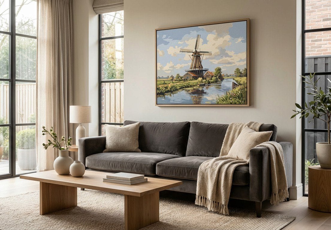 Cuadro pintado con la técnica de pintar por números en la pared de la sala