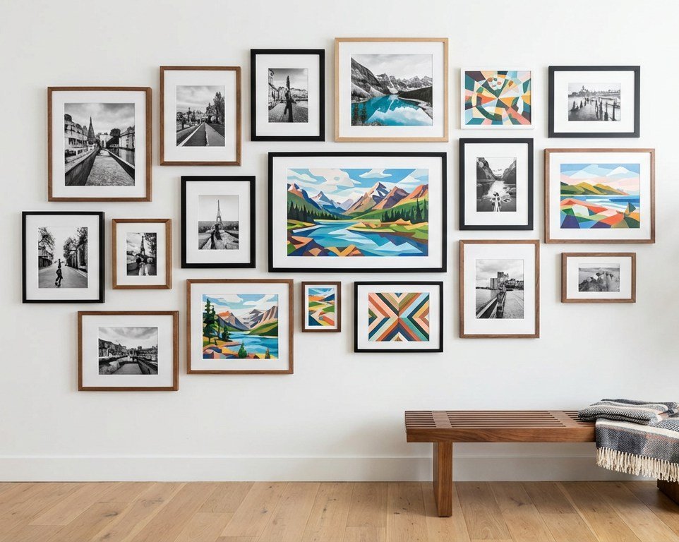 Un elegante diseño de pared de galería que incorpora arte de pintar por números junto a fotografías