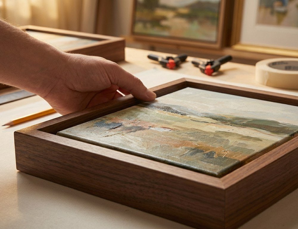Un lienzo siendo montado en un moderno marco flotante de madera