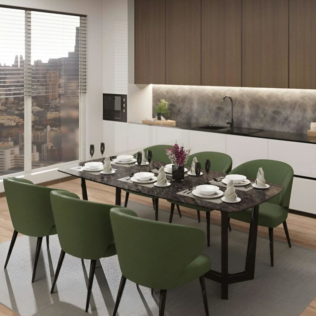 Render de cocina comedor en edificio