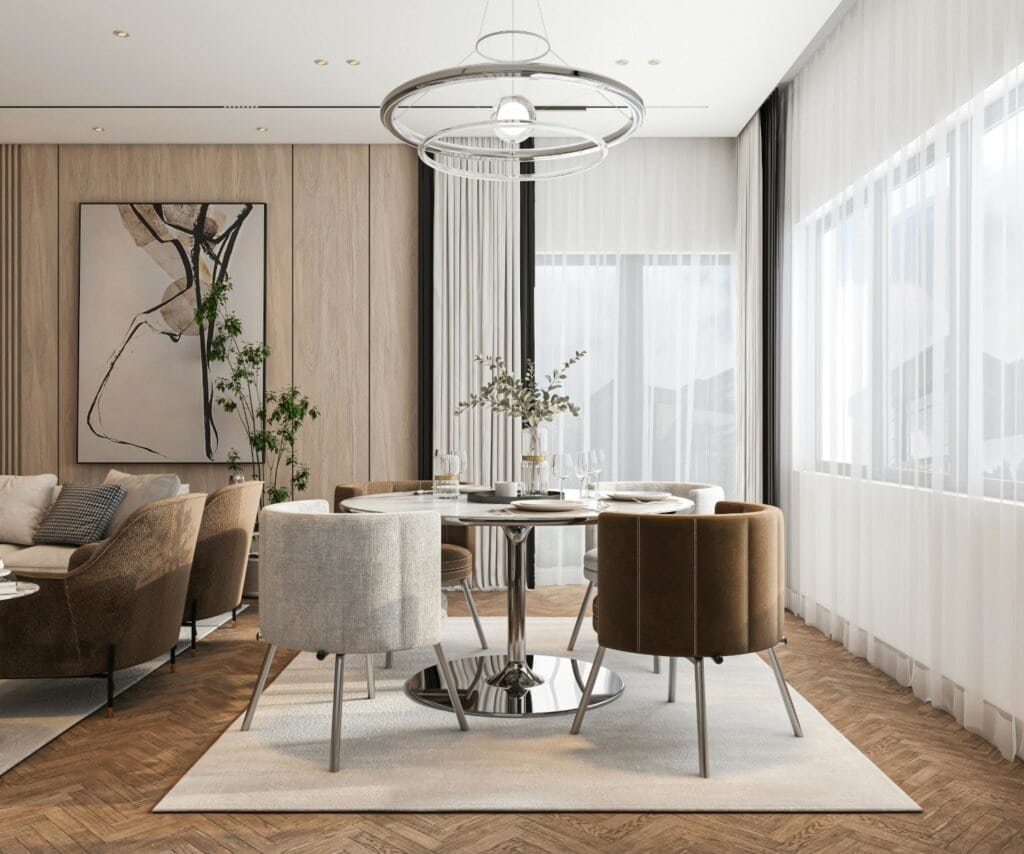 Render de comedor elegante en un apartamento