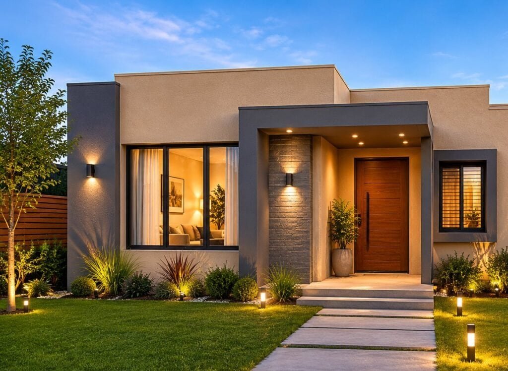 Casa de color beige al anochecer con iluminación cálida