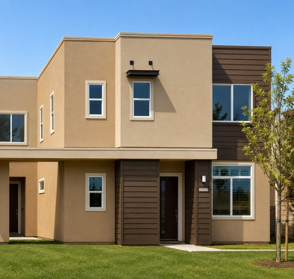 Exterior de casa beige en combinación con marrón o café