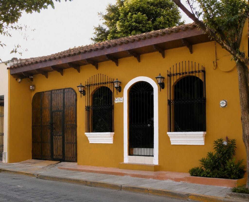 Fachada de casa colonial pequeña pintada de color ocre