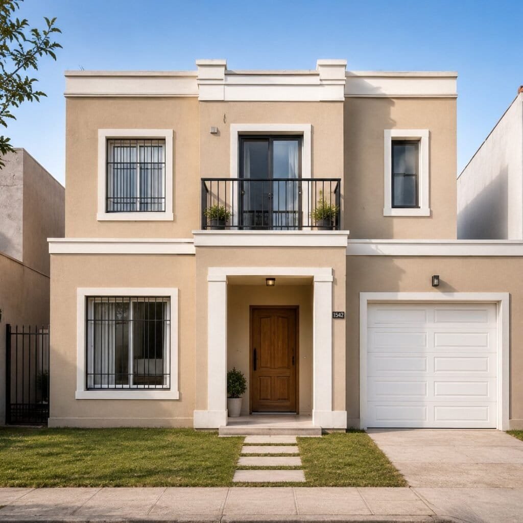 Casa de dos plantas de estilo clásico en color arena o beige claro