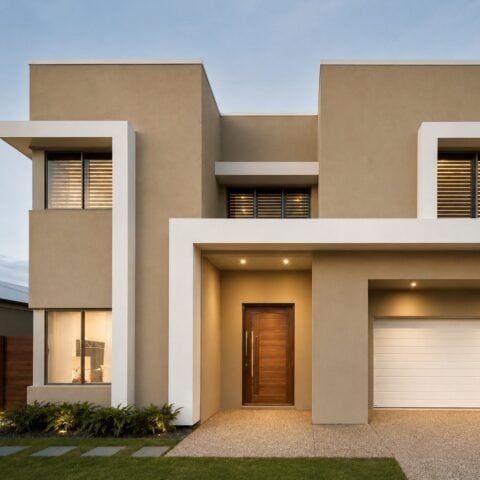 Fachada de casa moderna en color beige con detalles en blanco