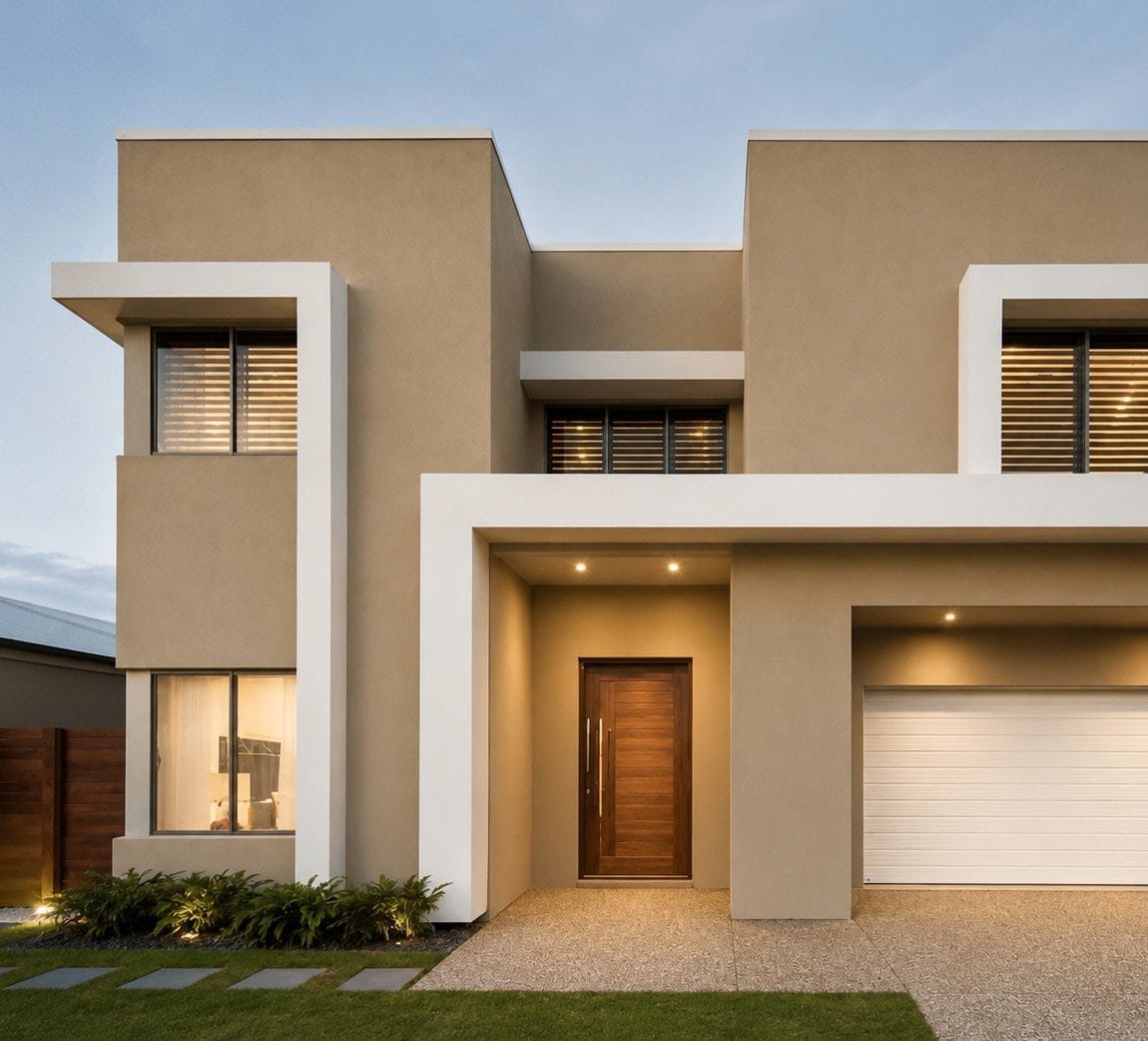 Fachada de casa moderna en color beige con detalles en blanco