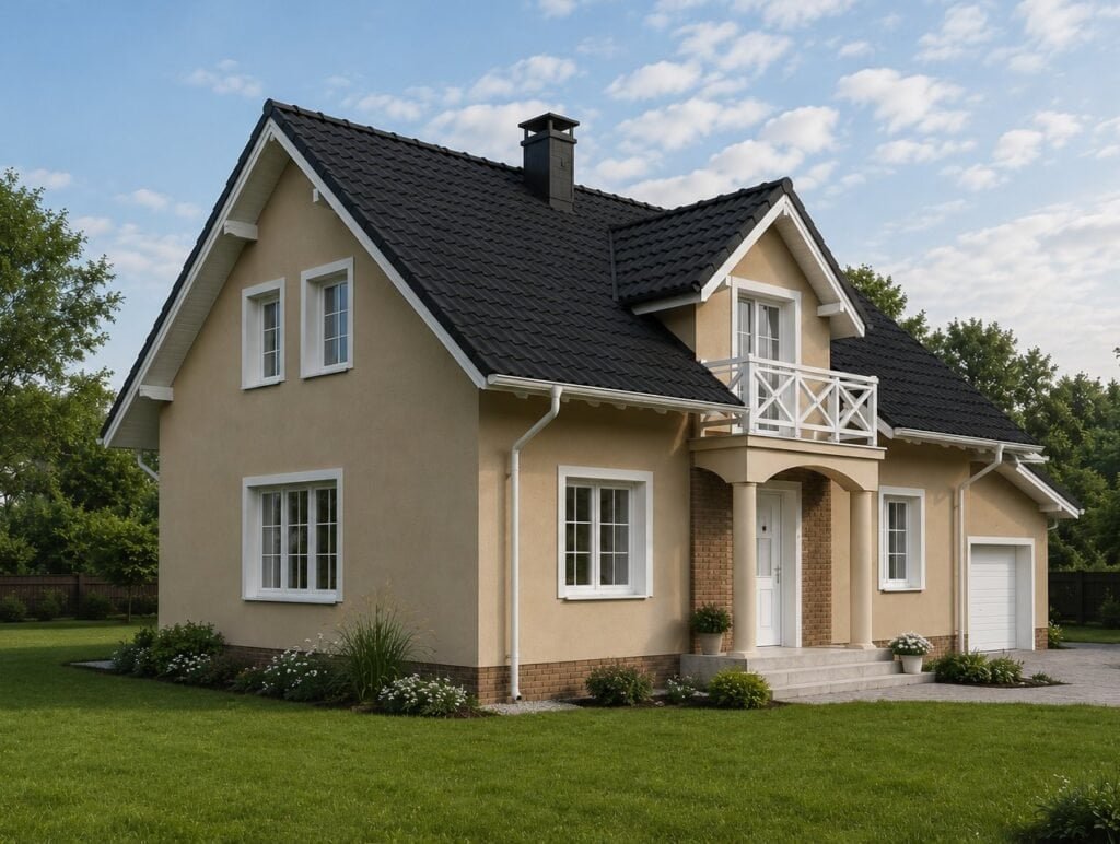 Casa de estilo americano de color beige con techo negro