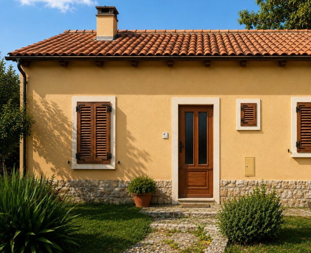 Fachada de casa sencilla de color amarillo albero