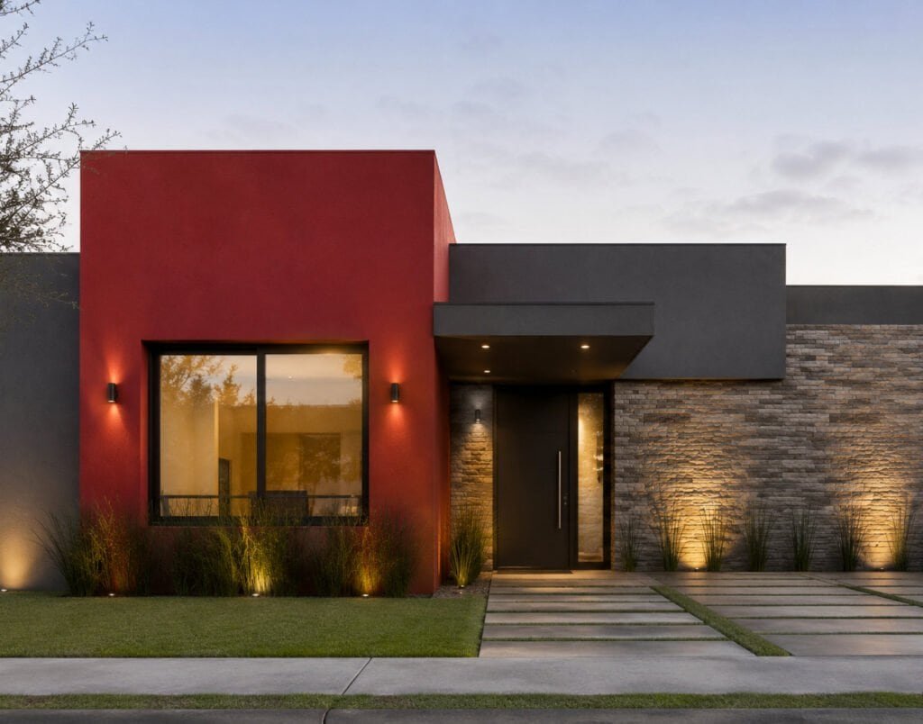 Casa de estilo moderno con un volumen rojo en combinación con gris y piedra natural